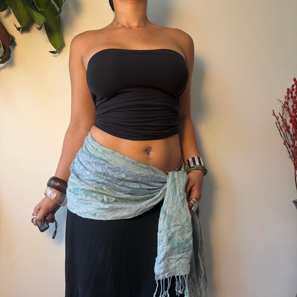 Boho Teal Aqua Paisley Pashmina Scarf Festival Mermaidcore Fringe Wrap